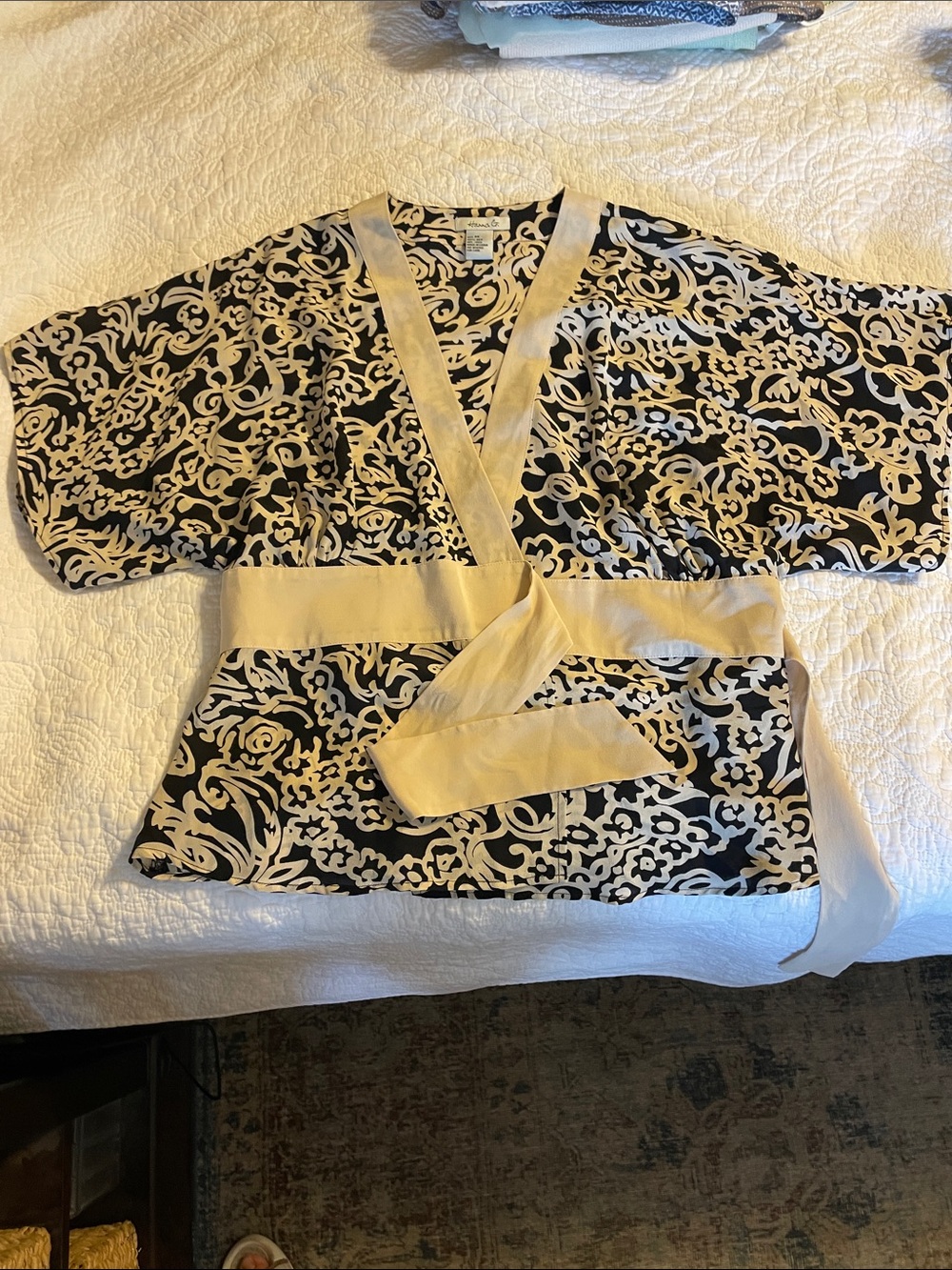 Black and Cream Scroll Print Wrap Top with Cream Sash